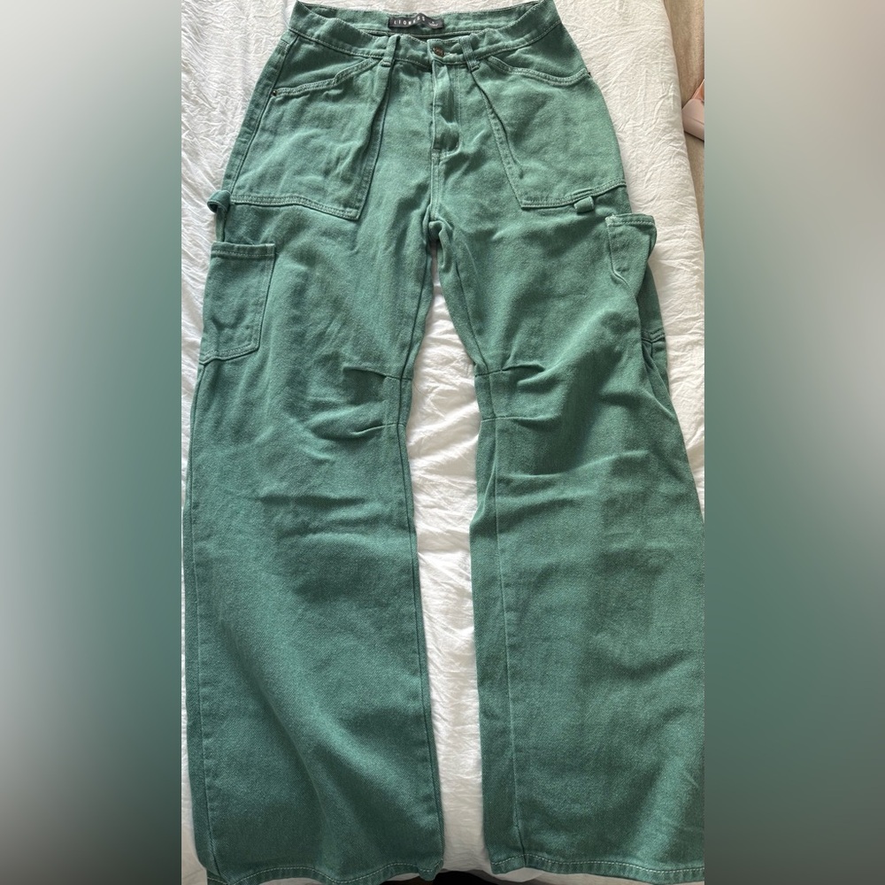 Lioness Green Denim Cargo Pants